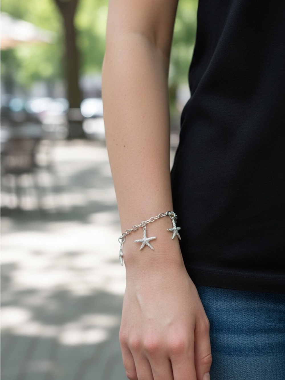 8/28 Silver Starfish Charm Bracelet - Women's Beach Charm Bracelet
